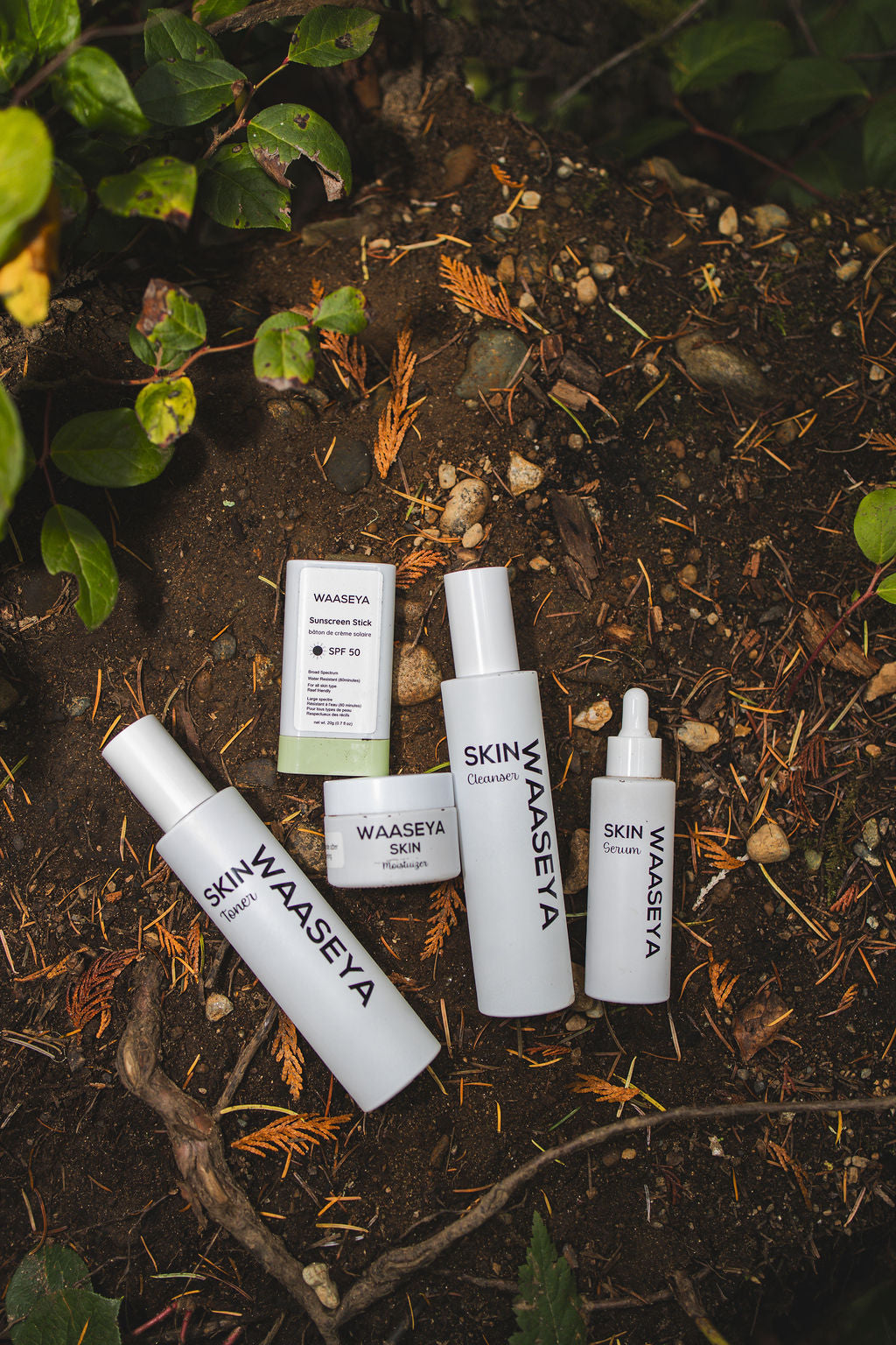 Skincare products with 'Waaseya' branding on a natural background
