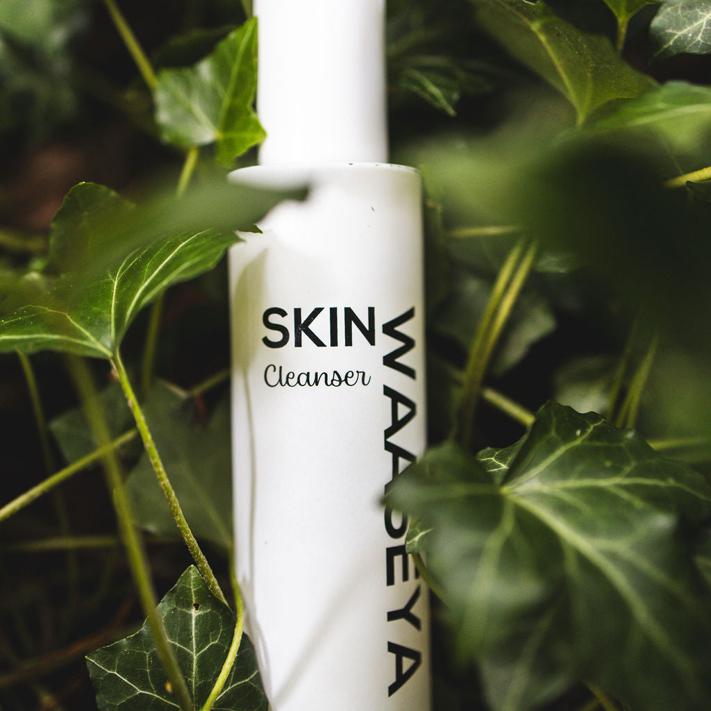 White bottle of SKIN WAASEYA Cleanser surrounded by green leaves