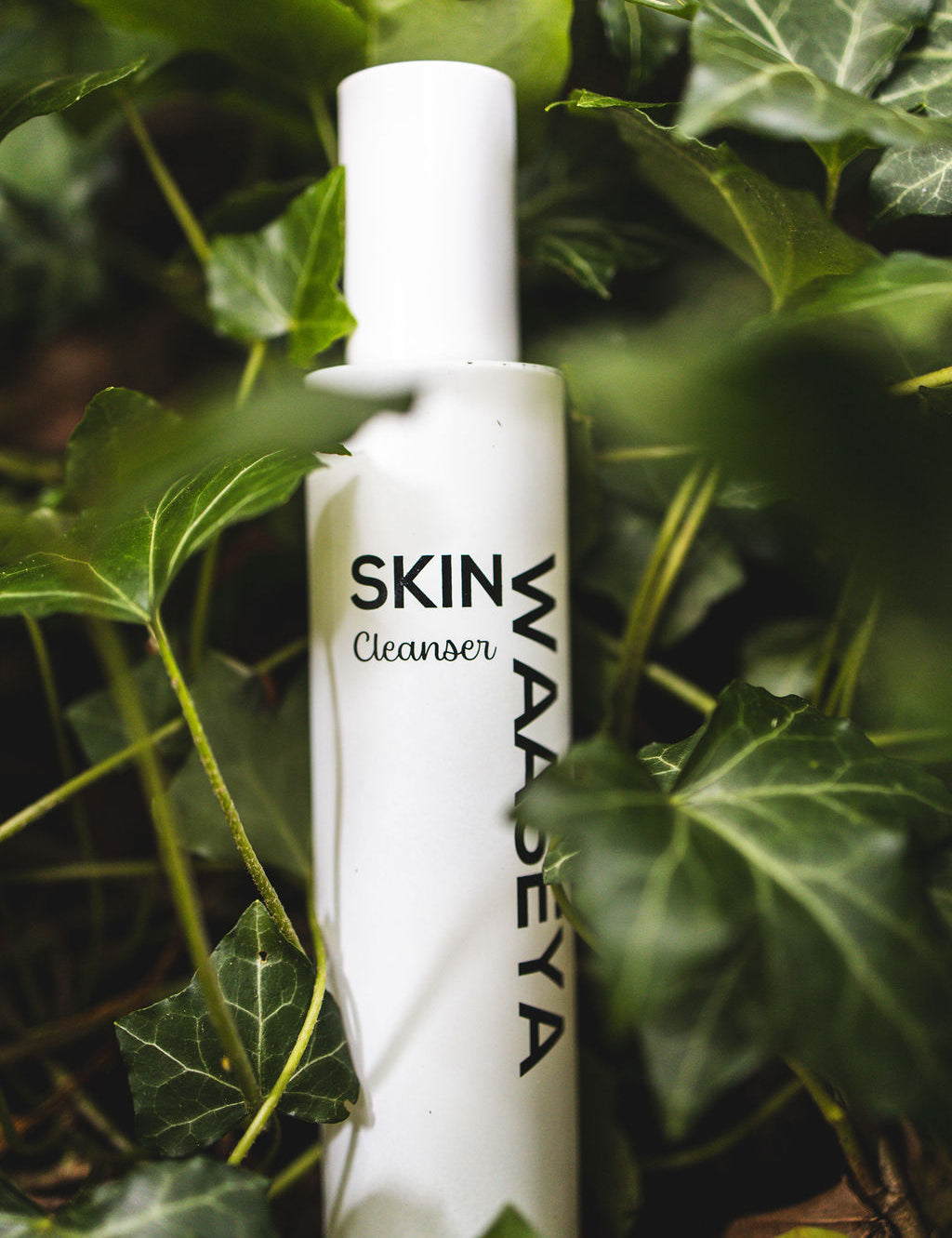White bottle of SKIN WAASEYA Cleanser surrounded by green leaves
